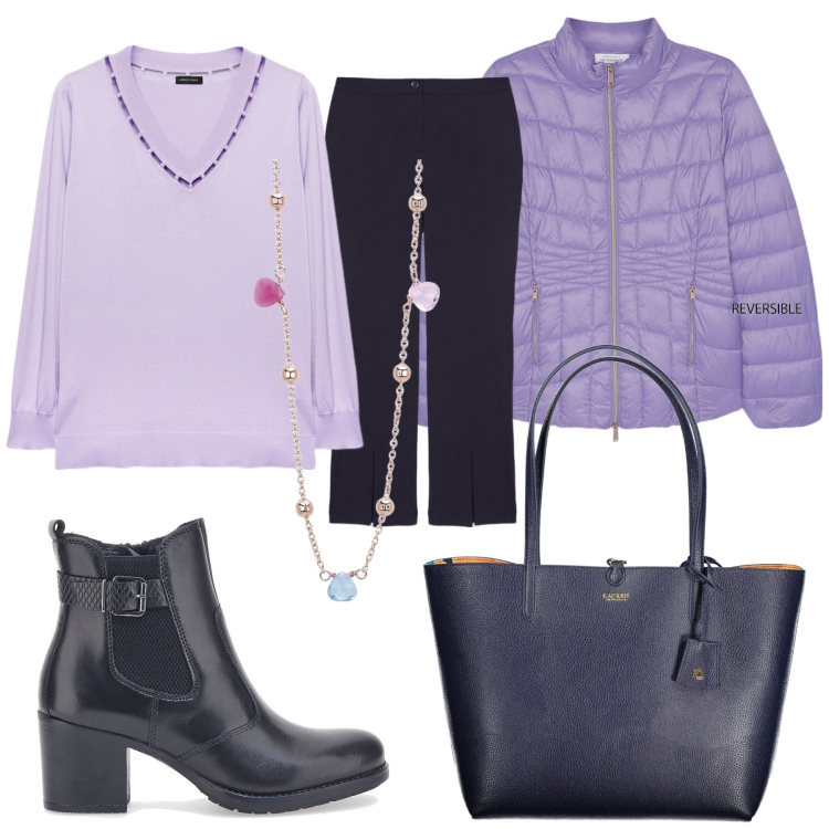 Outfit donna - Total look #1971796. Stile Chic per Ufficio. Abbinamento con collane, stivaletti, pantaloni, maglieria, piumini, borse a spalla.
