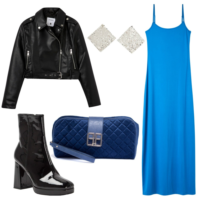 Outfit donna - Mix and match - stili diversi. Stile Casual chic per Serata fuori. Abbinamento con orecchini, stivaletti, vestiti lunghi, giacche, pochette.