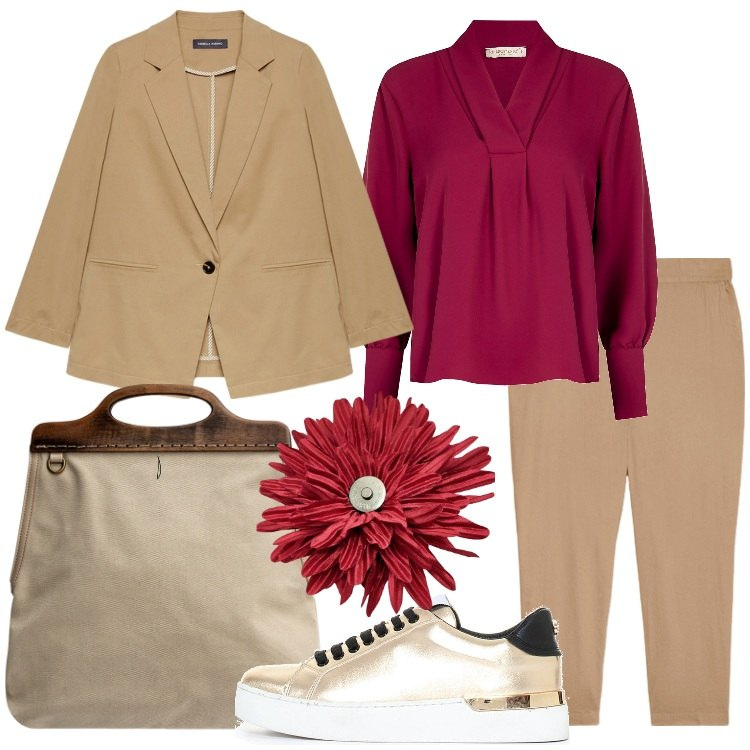 Outfit donna - Completi in coordinato Donna Curvy. Stile Casual chic per Tutti i giorni. Abbinamento con bluse, sneakers, borse a tracolla, anelli, blazer, pantaloni.