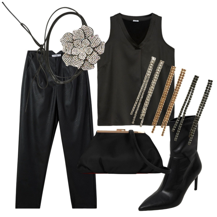 Outfit donna - Insostituibile nero. Stile Rock per Serata fuori. Abbinamento con pantaloni chino, collane, orecchini, stivaletti, top, pochette.