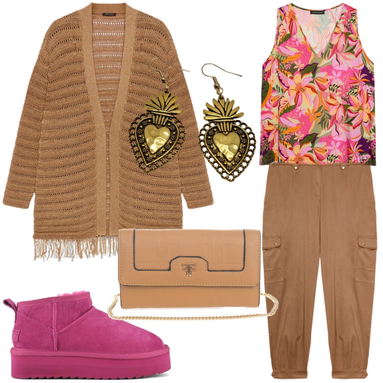 Outfit donna - Mix and match - personal look. Stile Casual chic per Tutti i giorni. Abbinamento con borse a spalla, stivaletti, cardigans, pantaloni cargo, top, orecchini.