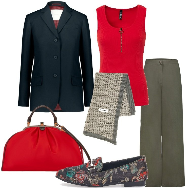Outfit donna - Aperitivo dopo il lavoro. Stile Trendy per Tutti i giorni. Abbinamento con top, mocassini, blazer, pantaloni, borse a spalla, foulard.