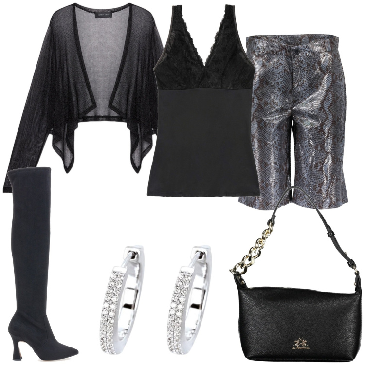 Outfit donna - Serata in festa. Stile Glamour per Serata fuori. Abbinamento con top, orecchini, stivali, bermuda, borse a spalla, cardigans.