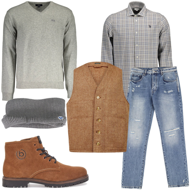 Outfit uomo - Layering ottimizzato. Stile Trendy per Ufficio. Abbinamento con jeans dritti, gilet, maglieria, camicie, stivali e stivaletti, sciarpe.