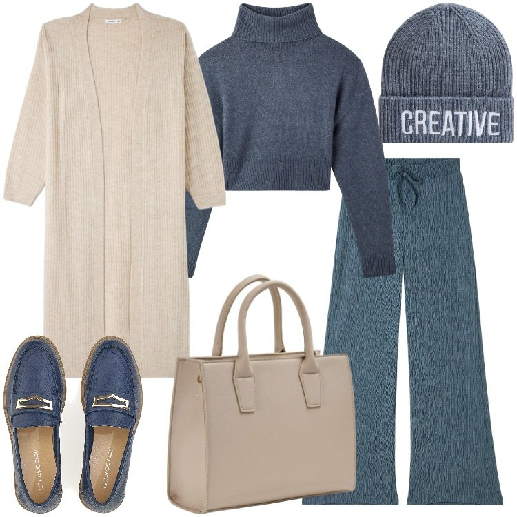 Outfit donna - Creativa. Stile Trendy per Ufficio. Abbinamento con pantaloni, cardigans, maglieria, shopping bag, berretti, mocassini.