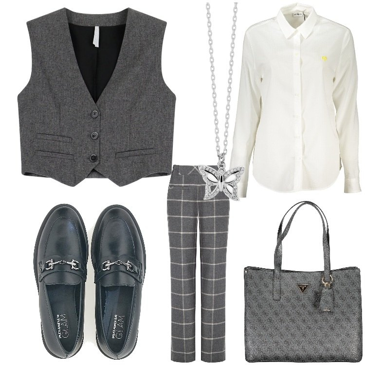 Outfit donna - Quadretti in ufficio. Stile Casual chic per Ufficio. Abbinamento con collane, pantaloni, gilet, mocassini, camicie, borse a spalla.