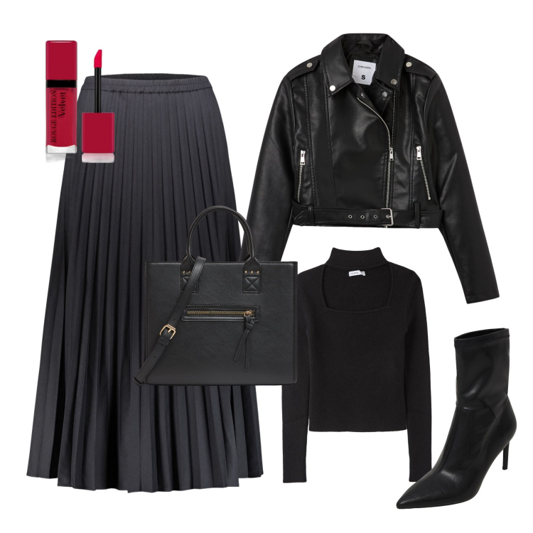 Outfit donna - Animo rock. Stile Rock per Tutti i giorni. Abbinamento con rossetti, maglieria, shopping bag, stivaletti, giacche, gonne lunghe.