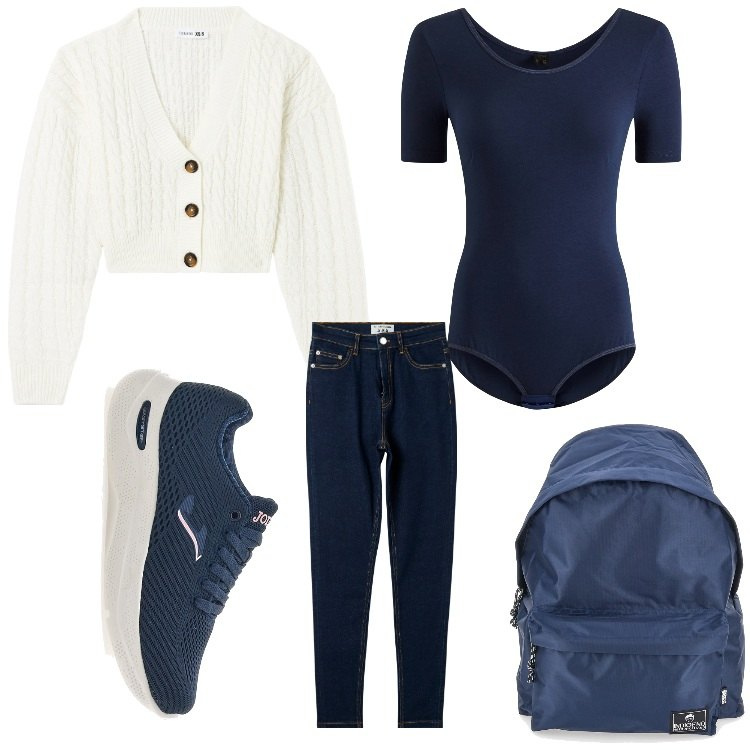 Outfit donna - Modalita´ turista. Stile Basic per Tutti i giorni. Abbinamento con body, cardigans, jeans skinny, zaini, sneakers.