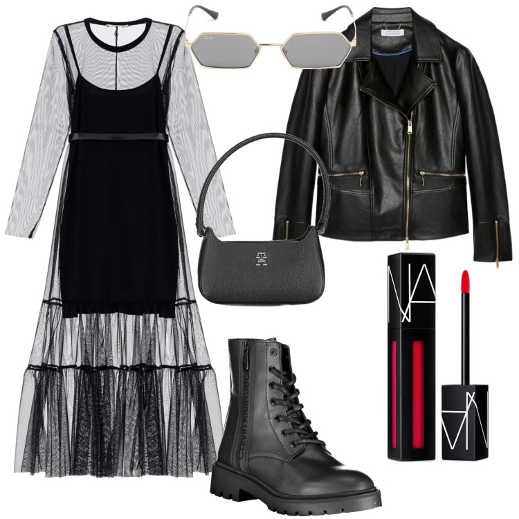 Outfit donna - La principessa del rock. Stile Rock per Serata fuori. Abbinamento con rossetti, vestiti lunghi, stivali, blazer, borse a spalla, occhiali da sole.