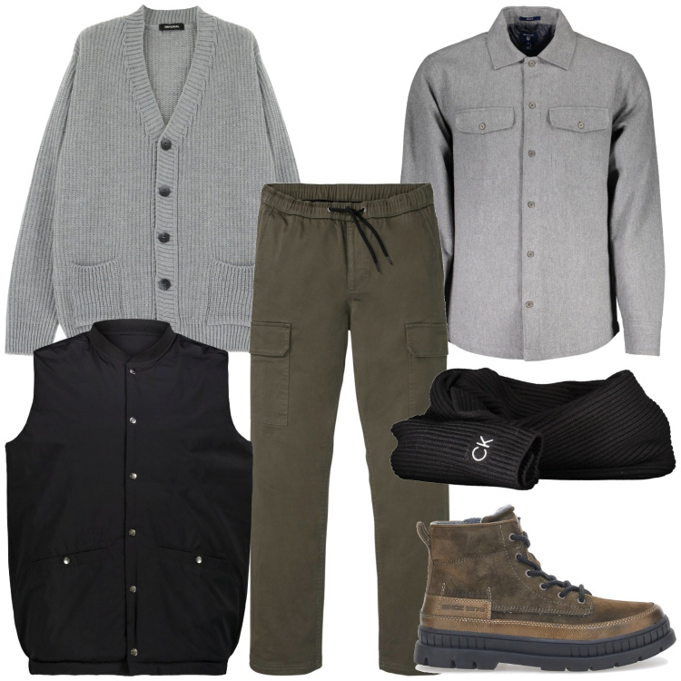 Outfit uomo - Cargo must have. Stile Urban per Tutti i giorni. Abbinamento con pantaloni cargo, cardigans, stivali e stivaletti, camicie, gilet, sciarpe.