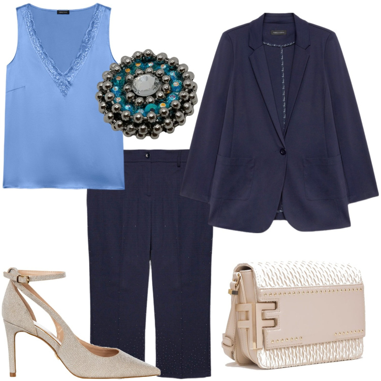 Outfit donna - Completo elegante. Stile Casual chic per Ufficio. Abbinamento con décolleté, borse a tracolla, top, anelli, blazer, pantaloni.
