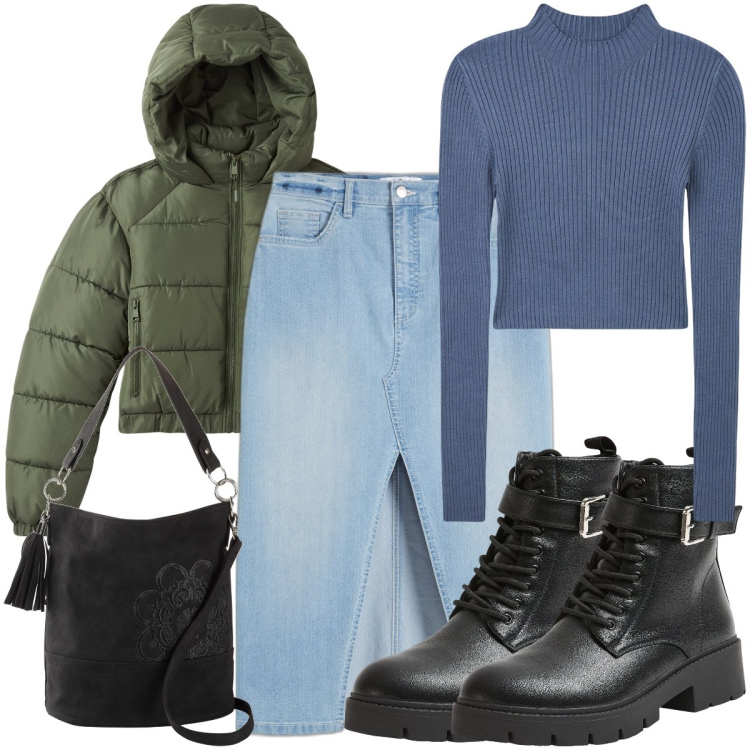 Outfit donna - La gonna in jeans di tendenza. Stile Rock per Tutti i giorni. Abbinamento con borse a mano, gonne longuette, anfibi, maglieria, blazer.