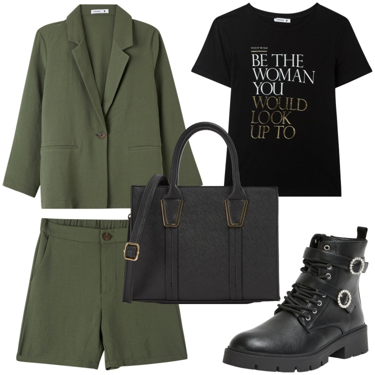 Outfit donna - Giacca e pantalone coordinati. Stile Casual chic per Scuola/Università. Abbinamento con anfibi, t-shirt, blazer, bermuda, shopping bag.