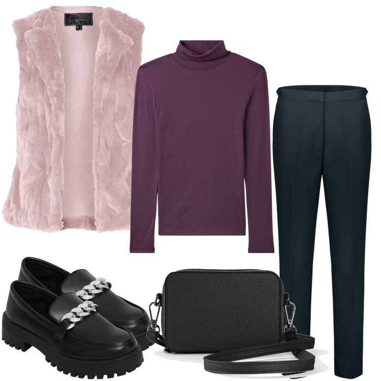 Outfit donna - La pelliccia rosa. Stile Glamour per Tutti i giorni. Abbinamento con gilet, borse a tracolla, mocassini, maglieria, pantaloni.
