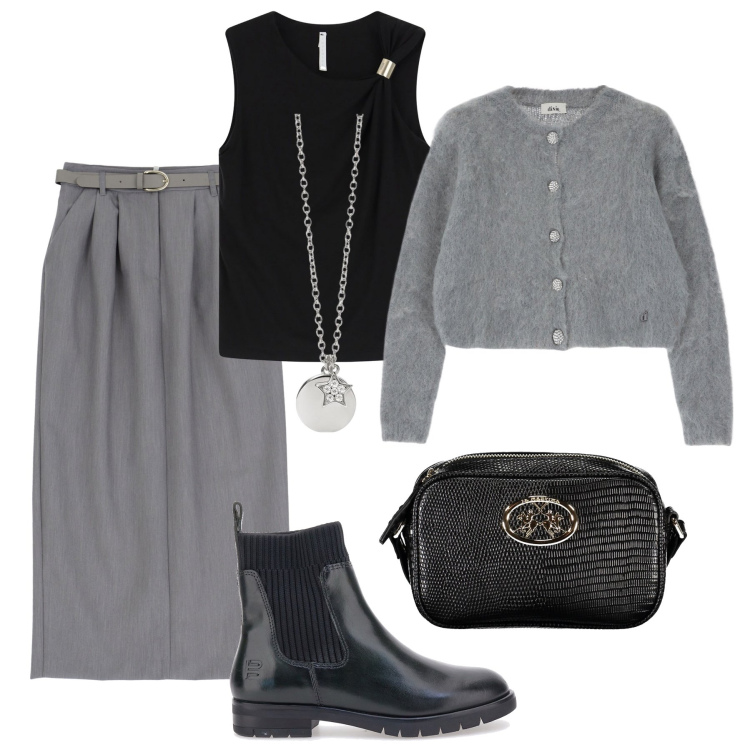 Outfit donna - La gonna lunga con gli stivaletti. Stile Casual chic per Ufficio. Abbinamento con ciondoli, gonne lunghe, top, cardigans, stivaletti, borse a tracolla.