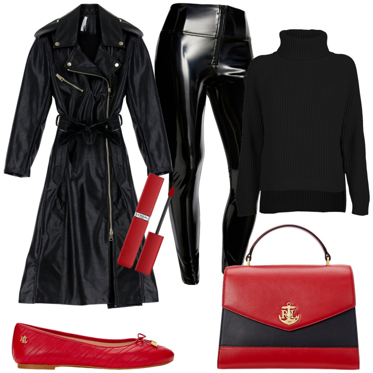 Outfit donna - Rock tranch. Stile Rock per Serata fuori. Abbinamento con rossetti, trench, pantaloni skinny, borse a mano, ballerine, maglieria.