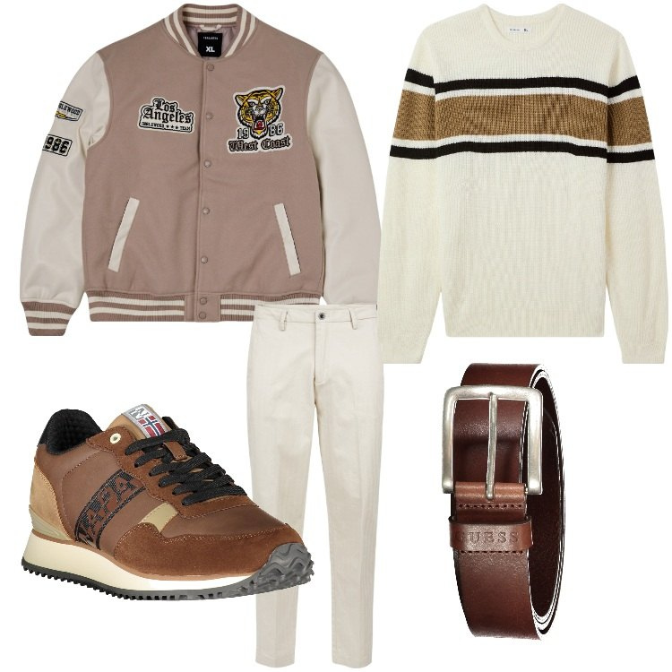 Outfit uomo - Declinazioni di beige. Stile Casual per Tutti i giorni. Abbinamento con bomber, maglieria, pantaloni, sneakers, cinture.