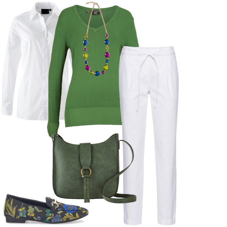 Outfit donna - Total look #1971919. Stile Casual per Ufficio. Abbinamento con pantaloni, camicie, maglieria, borse a tracolla, mocassini, collane.