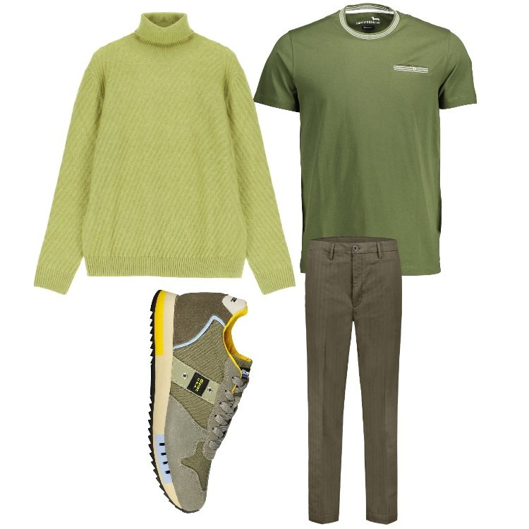 Outfit uomo - Sempre verde. Stile Casual per Ufficio. Abbinamento con maglieria, pantaloni, sneakers, t-shirt.