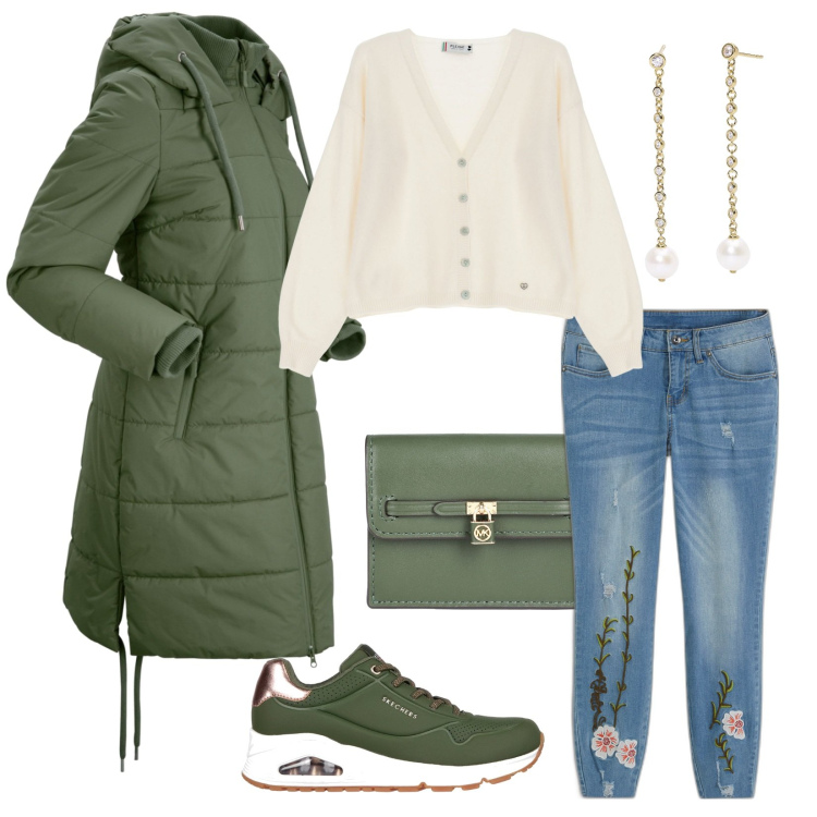 Outfit donna - Autunno. Stile Casual per Tutti i giorni. Abbinamento con blazer, jeans, portamonete, orecchini, cardigans, sneakers.