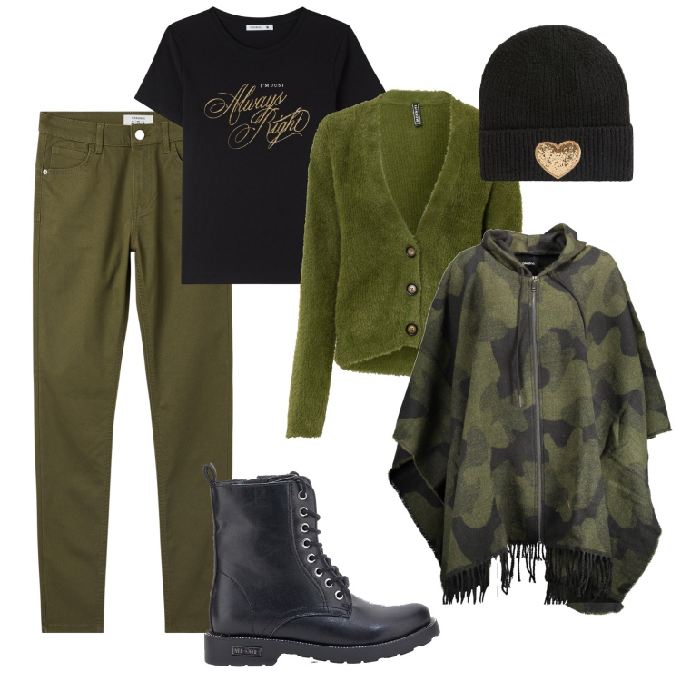 Outfit donna - Con il poncho in città. Stile Casual per Tutti i giorni. Abbinamento con cardigans, pantaloni skinny, t-shirt, berretti, anfibi, cappotti.