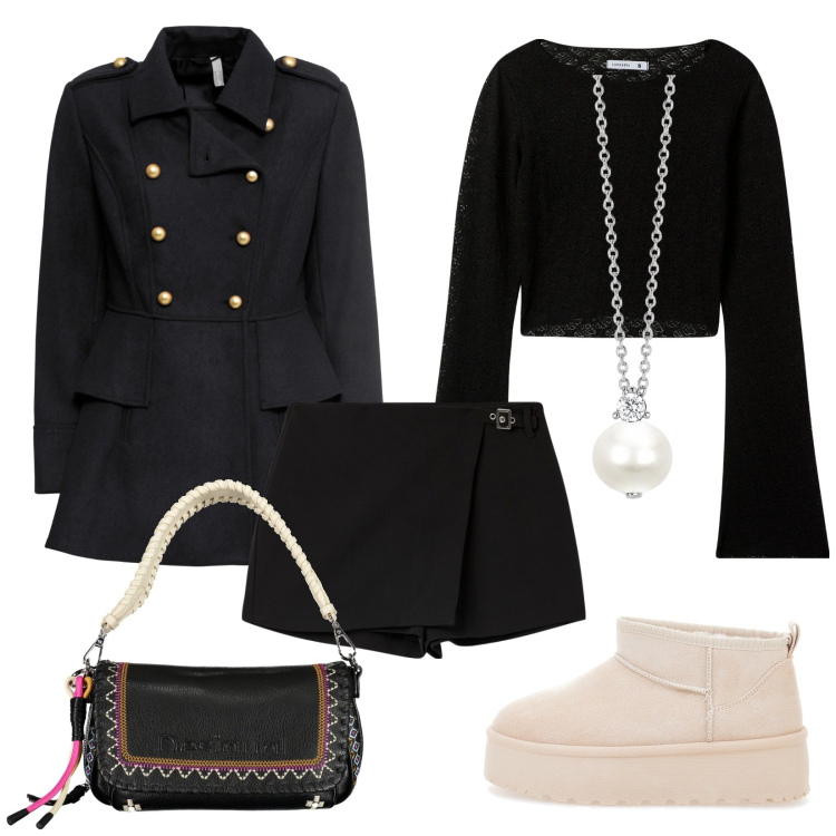 Outfit donna - In giro con lui. Stile Trendy per Tutti i giorni. Abbinamento con cappotti, t-shirt, minigonne, collane, stivaletti, borse a spalla.