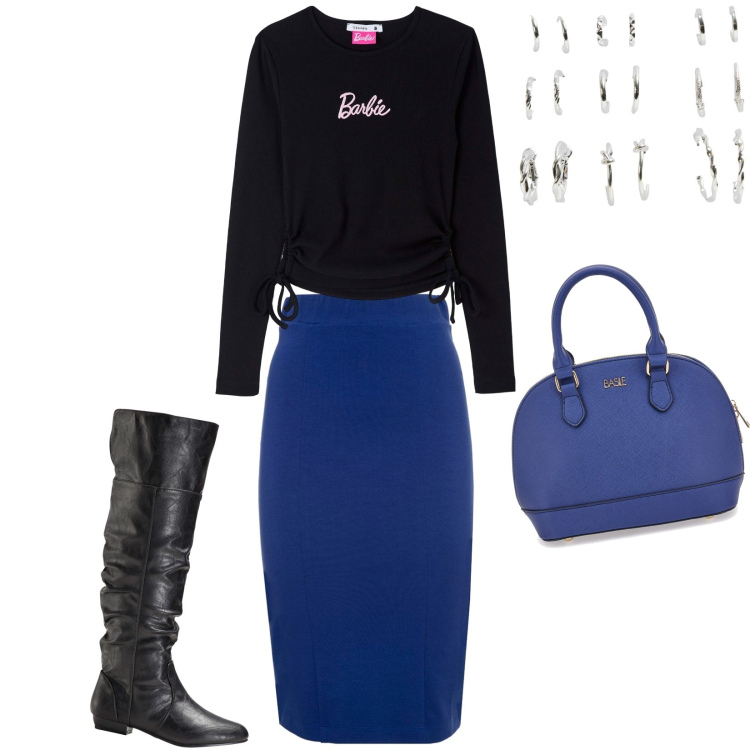 Outfit donna - Total look #1971949. Stile Casual per Tutti i giorni. Abbinamento con stivali sopra il ginocchio, t-shirt, orecchini, gonne, borse a mano.