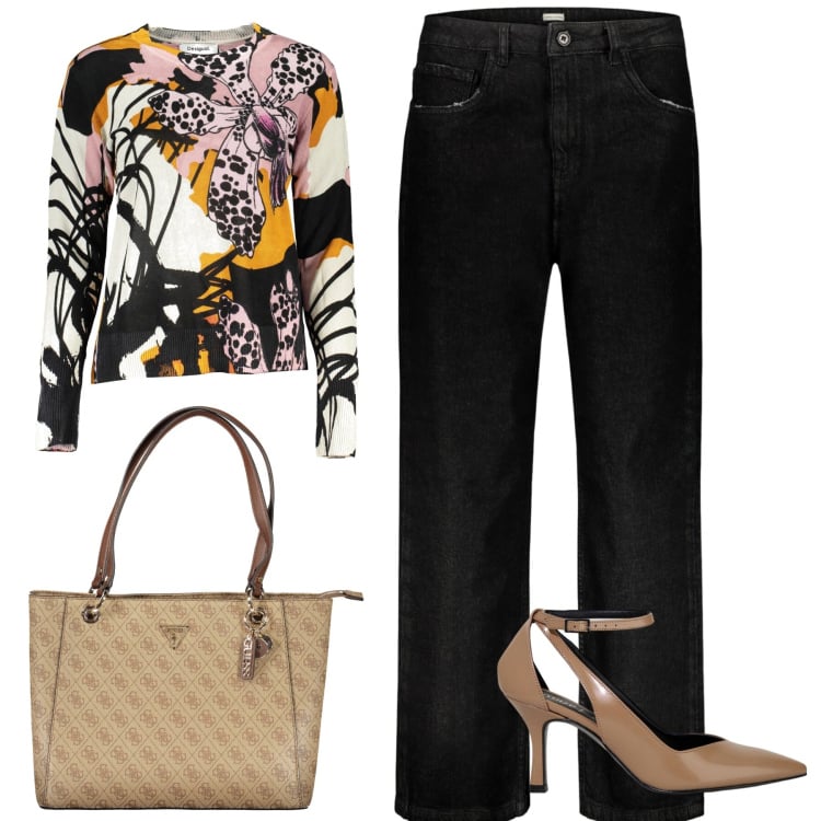 Outfit donna - Aperitivo in centro. Stile Casual chic per Serata fuori. Abbinamento con décolleté, jeans, maglieria, borse a spalla.