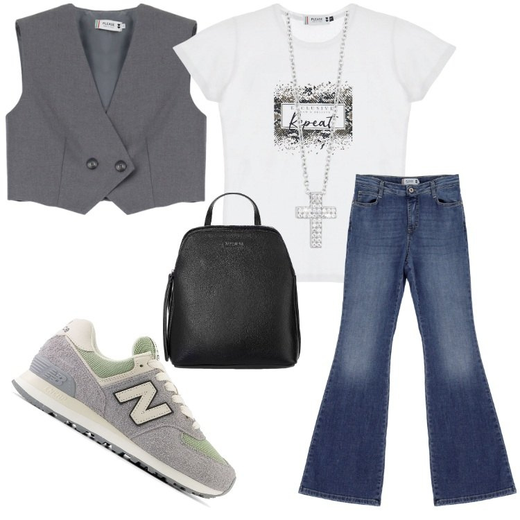 Outfit donna - On the road in denim. Stile Urban per Tutti i giorni. Abbinamento con collane, sneakers, jeans, t-shirt, gilet, zaini.
