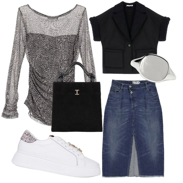 Outfit donna - versione animalier on the road. Stile Urban per Tutti i giorni. Abbinamento con anelli, gonne, top, blazer, sneakers, shopping bag.