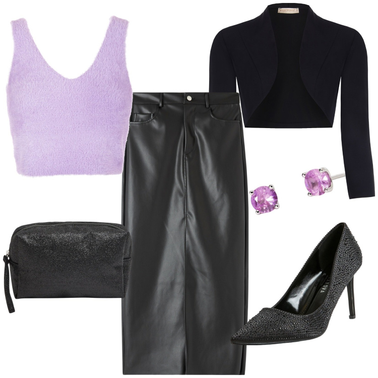 Outfit donna - La gonna di pelle. Stile Chic per Serata fuori. Abbinamento con orecchini, valigie, décolleté, gonne lunghe, bolero, top.