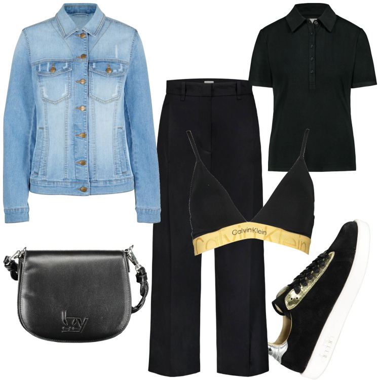 Outfit donna - Sconti. Stile Casual per Tutti i giorni. Abbinamento con blazer, pantaloni, reggiseni, sneakers, borse a spalla, polo.