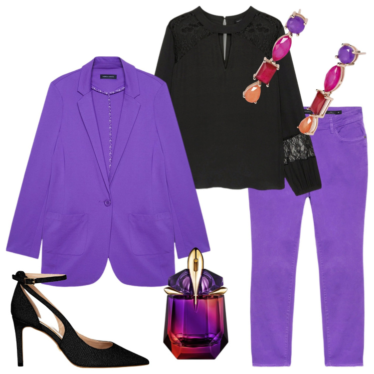 Outfit donna - Completi in coordinato. Stile Casual chic per Serata fuori. Abbinamento con profumi, orecchini, décolleté, blazer, pantaloni skinny, bluse.
