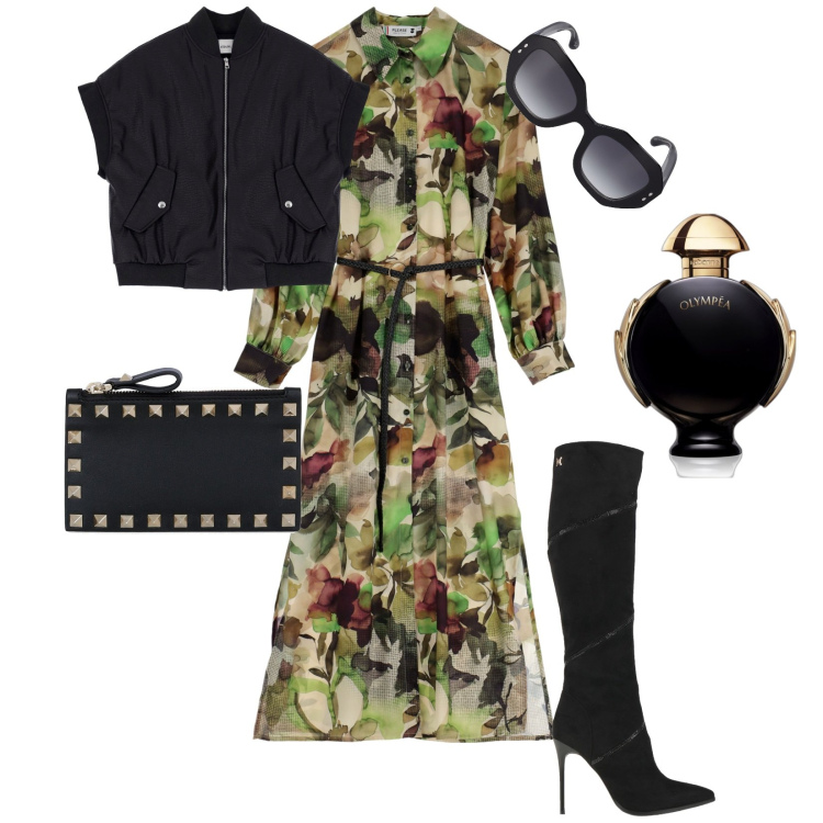 Outfit donna - Indossa il profumo ogni giorno. Stile Rock per Serata fuori. Abbinamento con stivali, profumi, vestiti lunghi, blazer, portafogli, occhiali da sole.