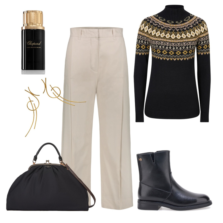 Outfit donna - Less is more. Stile Minimal per Tutti i giorni. Abbinamento con maglieria, profumi, stivaletti, pantaloni, orecchini, borse a tracolla.