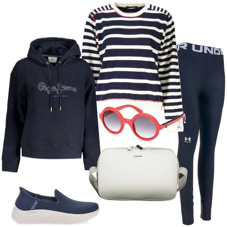 Outfit donna - Total look #1972003. Stile Casual per Tutti i giorni. Abbinamento con sneakers, felpe con cappuccio, leggings, maglieria, borse a tracolla, occhiali da sole.