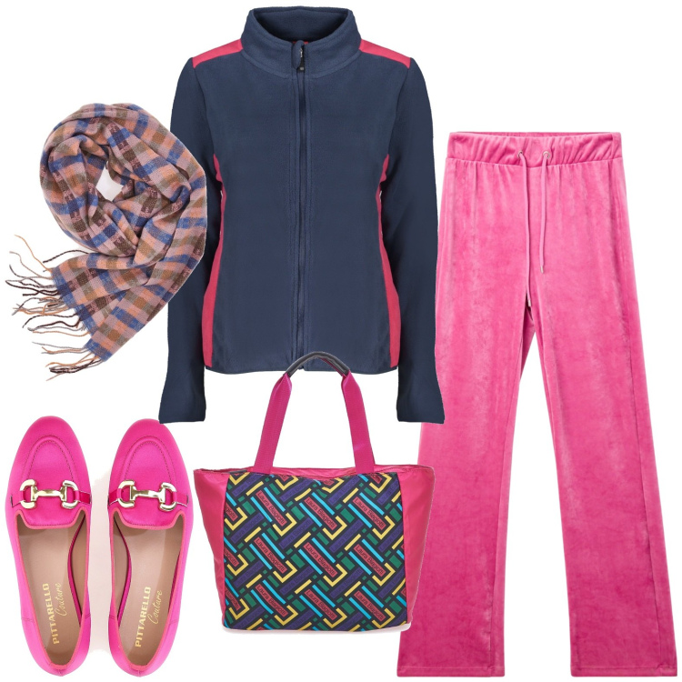 Outfit donna - Total look #1972026. Stile Casual per Tutti i giorni. Abbinamento con pantaloni, sciarpe, felpe, mocassini, borse a spalla.
