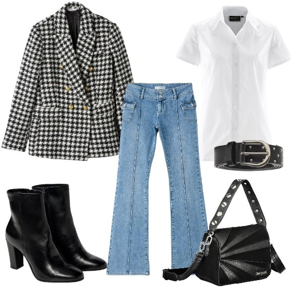 Outfit donna - Giacca a scacchi in citta\'. Stile Urban per Ufficio. Abbinamento con camicie a manica corta, jeans a zampa, blazer, cinture, borse a spalla, stivaletti.