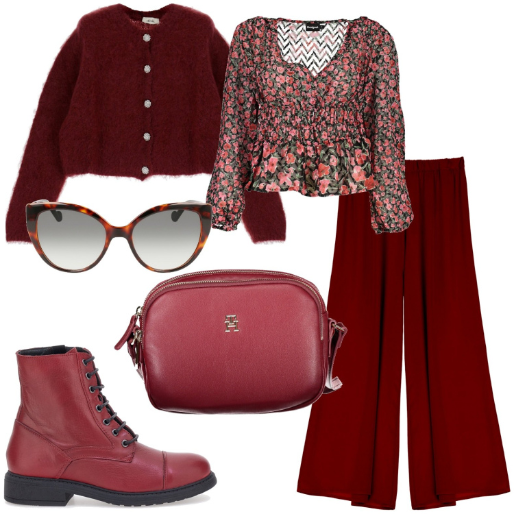 Outfit donna - Total look #1972032. Stile Casual per Tutti i giorni. Abbinamento con pantaloni, cardigans, anfibi, maglieria, borse a tracolla, occhiali da sole.