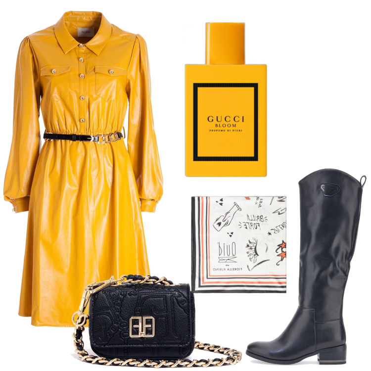 Outfit donna - Total look #1972035. Stile Casual chic per Ufficio. Abbinamento con profumi, vestiti chemisier, marsupi, stivali, foulard.