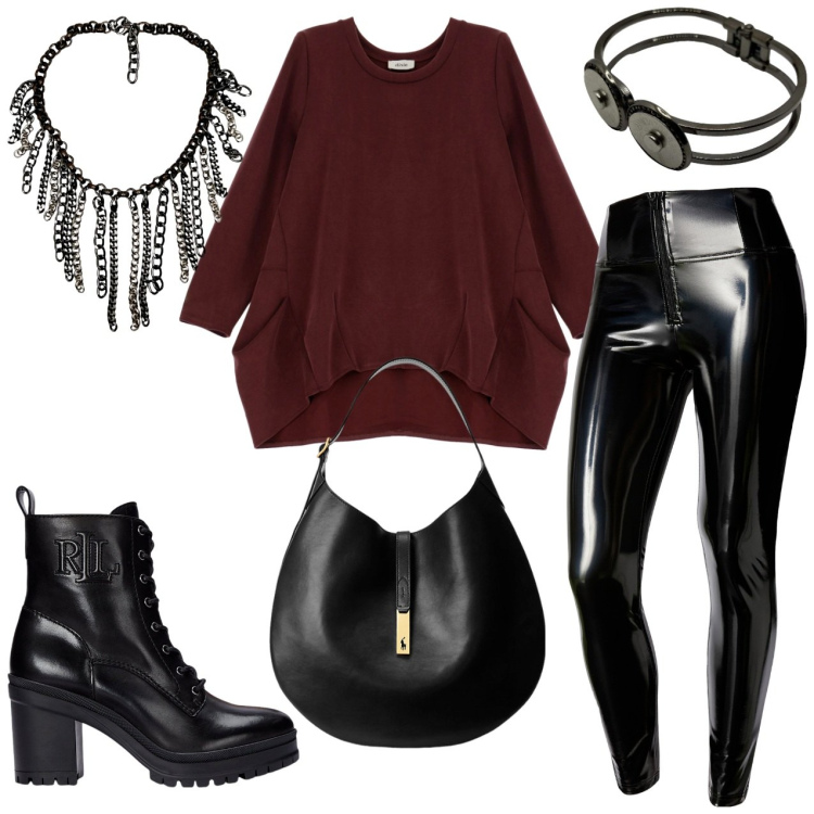 Outfit donna - Maglione oversize. Stile Rock per Tutti i giorni. Abbinamento con felpe, pantaloni skinny, borse a spalla, stivaletti, collane, braccialetti.