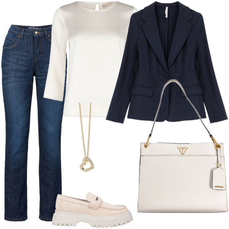 Outfit donna - Total look #1972042. Stile Casual chic per Ufficio. Abbinamento con jeans dritti, mocassini, collane, bluse, blazer, borse a spalla.