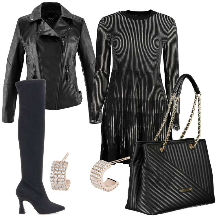 Outfit donna - Per la sera. Stile Trendy per Serata fuori. Abbinamento con blazer, orecchini, stivali, vestiti corti, borse a spalla.