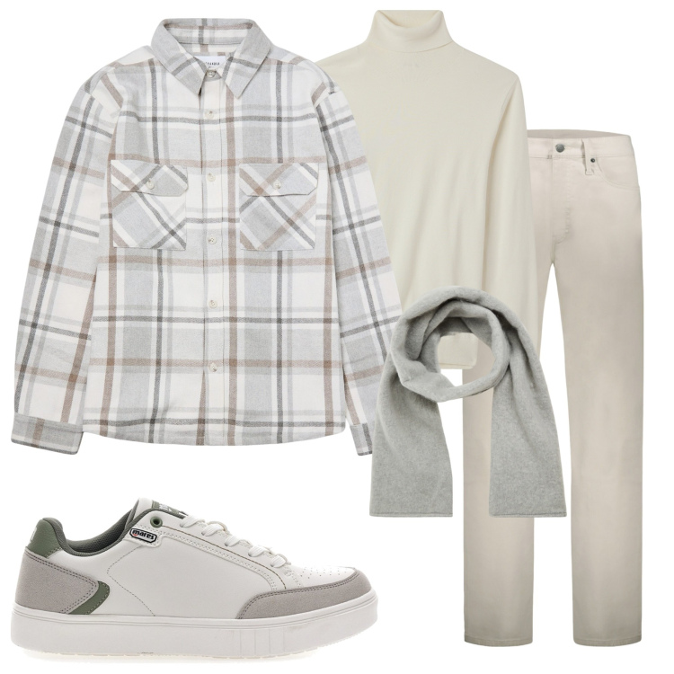 Outfit uomo - Colori chiari. Stile Casual per Tutti i giorni. Abbinamento con sciarpe e foulard, maglieria, cappotti, pantaloni, sneakers.
