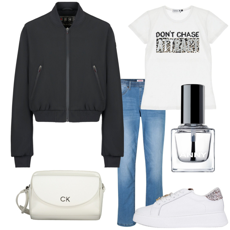 Outfit donna - Basic e Bomber. Stile Urban per Tutti i giorni. Abbinamento con jeans dritti, smalti, t-shirt, sneakers, bomber, borse a tracolla.