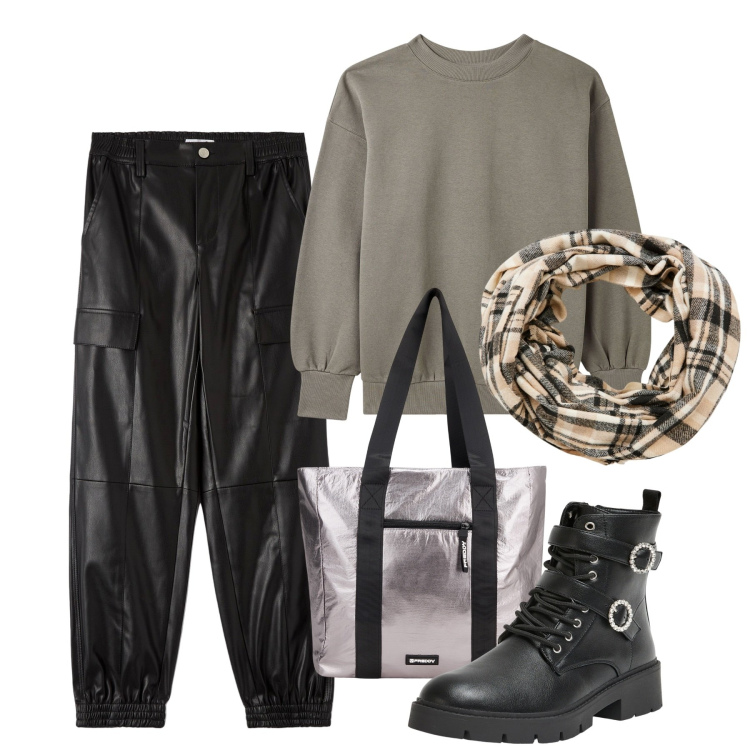 Outfit donna - Rock in cargo leather. Stile Rock per Tutti i giorni. Abbinamento con anfibi, felpe, pantaloni cargo, sciarpe, shopping bag.