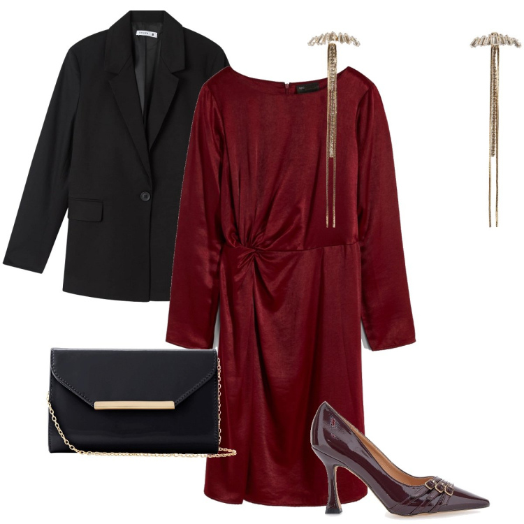 Outfit donna - Il vestito rosso scuro. Stile Chic per Serata fuori. Abbinamento con pochette, vestiti, orecchini, blazer, décolleté.