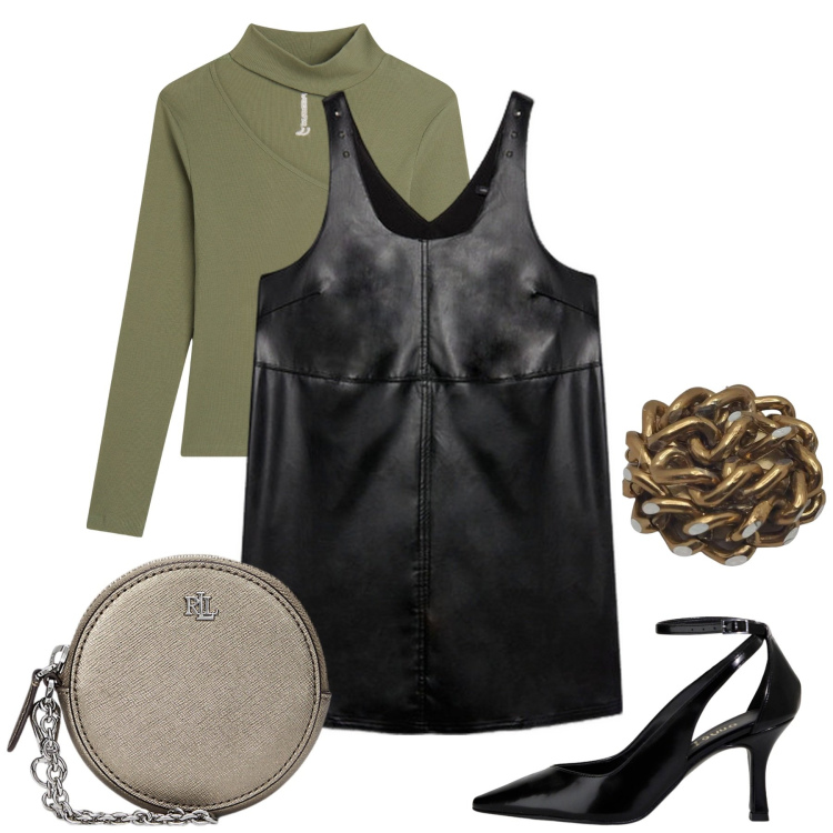 Outfit donna - Lato rock in abitino leather. Stile Rock per Serata fuori. Abbinamento con maglieria, décolleté, pochette, vestiti corti, anelli.