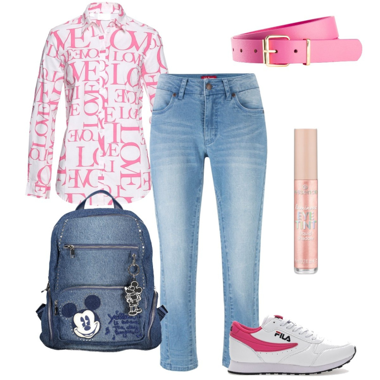 Outfit donna - A scuola con Topolino. Stile Casual per Scuola/Università. Abbinamento con jeans, cinture, camicie, ombretti, zaini, sneakers.