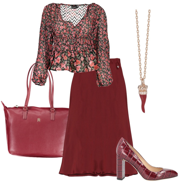 Outfit donna - Nei toni del bordeaux. Stile Bon Ton per Serata fuori. Abbinamento con décolleté, gonne, collane, maglieria, borse a spalla.
